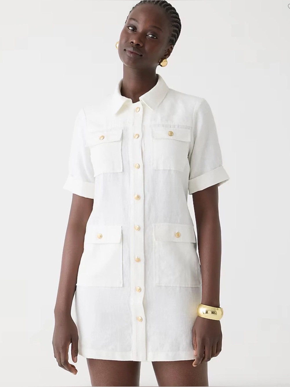 J.Crew Gamine Shirt Dress in Linen White Gold Buttons Size 4 NWT